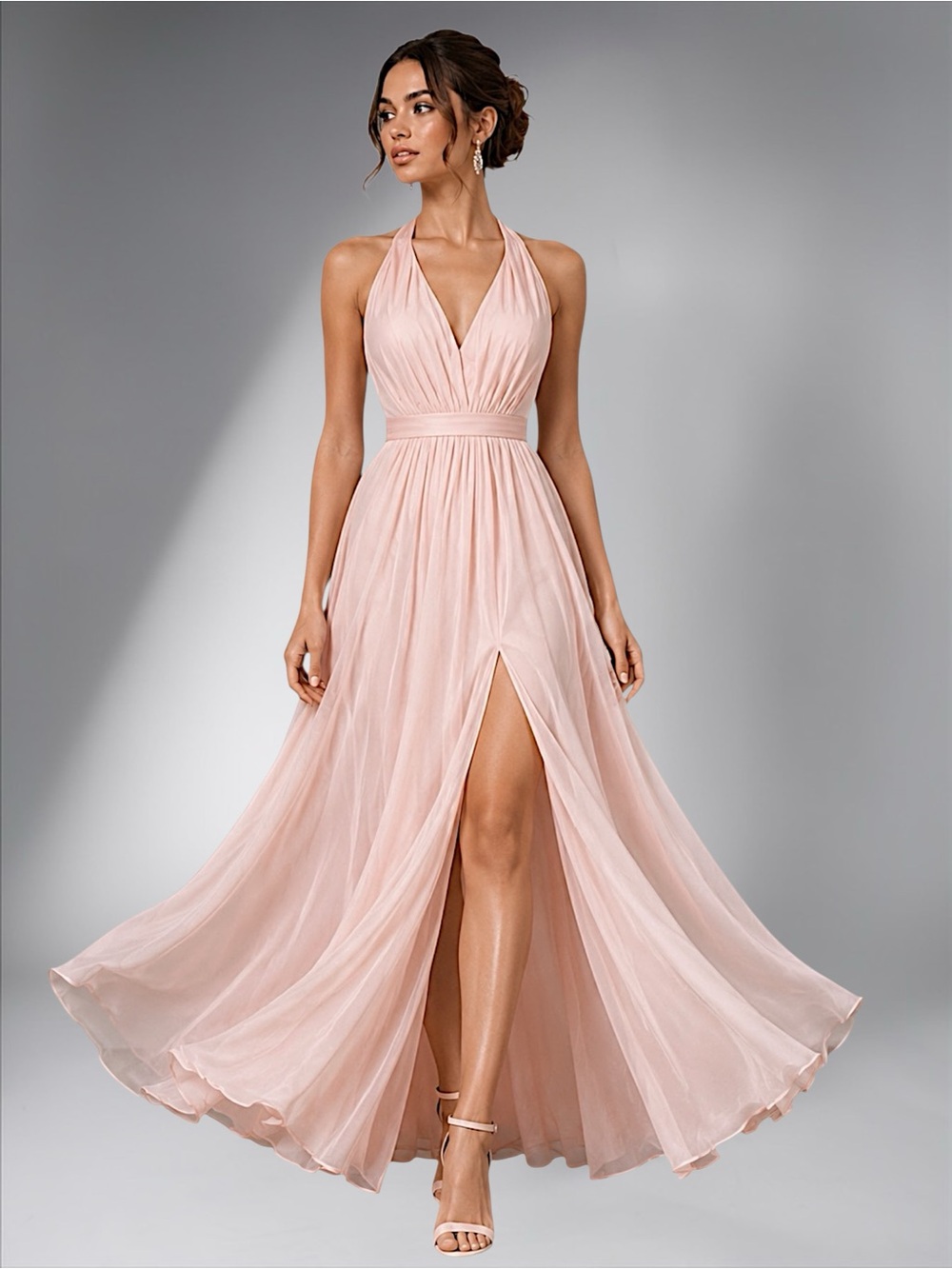 White by Vera Wang Blush Pink Halter Crepe Formal Gown Open Back Slit Dress